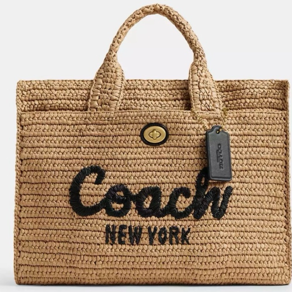 COACH CARGO EMBROIDERED LOGO STRAW TOTE